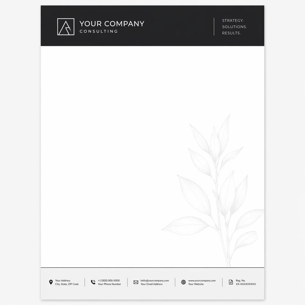 A4 portrait consulting letterhead template with Swiss monochrome layout, header band, footer strip, and botanical watermark.