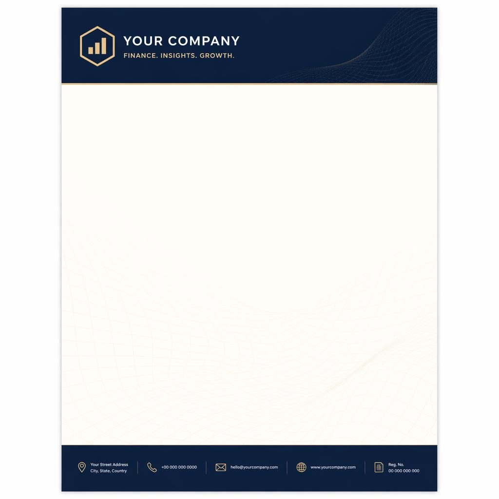 A4 portrait letterhead template with navy header band, cream layout, footer strip, logo placeholder, and subtle grid watermark.