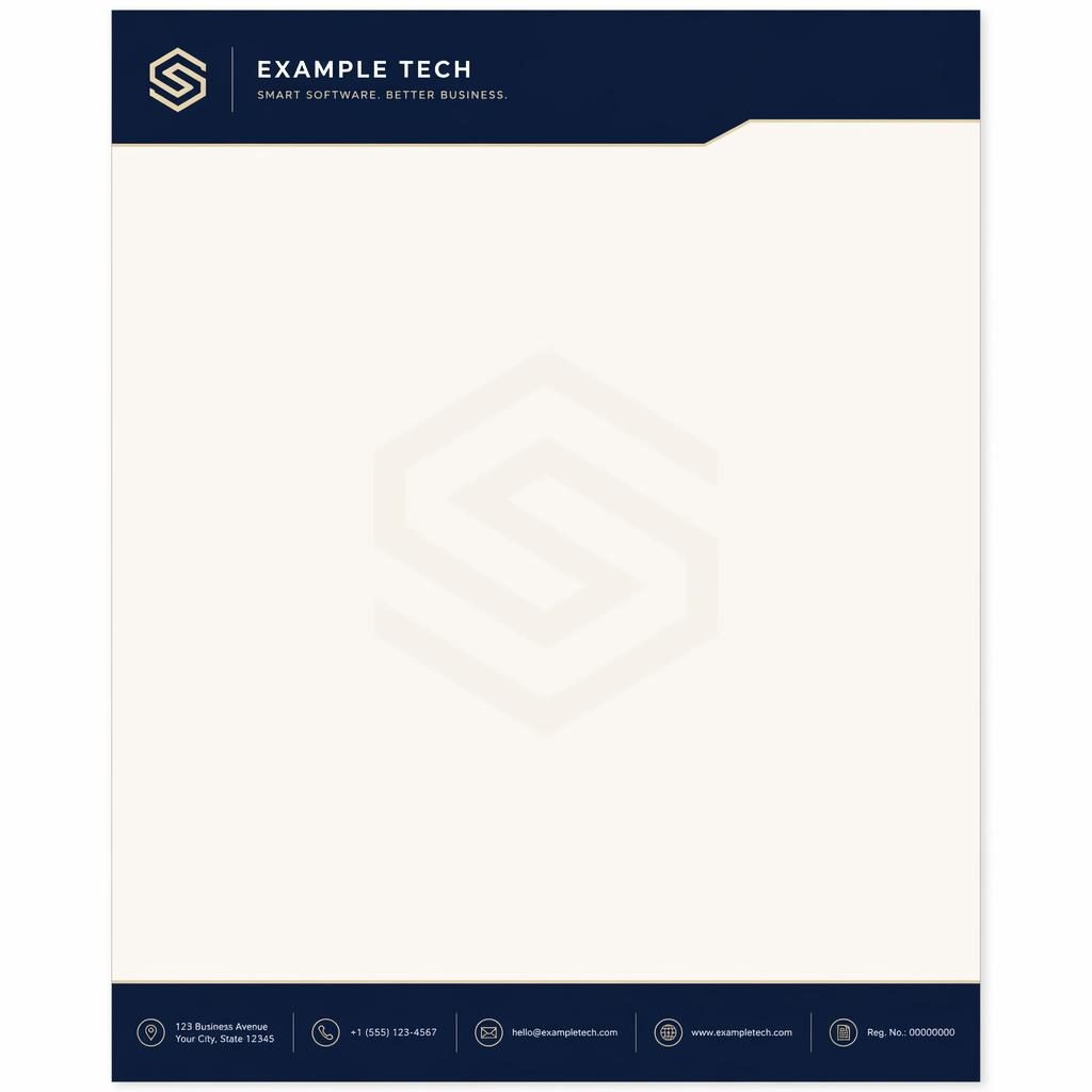 Modern A4 letterhead template in navy and cream with header band, footer strip, subtle logo watermark, and large text area