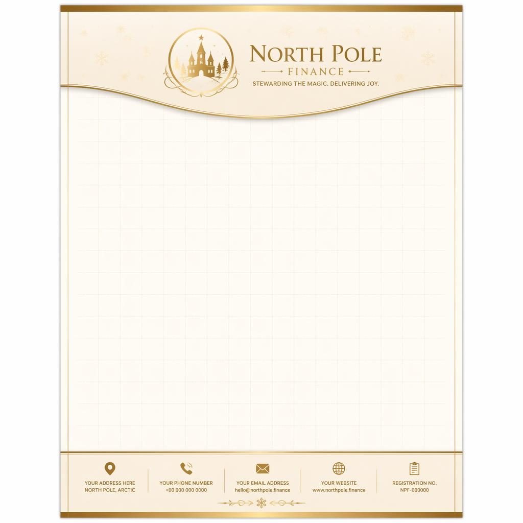A4 portrait finance letterhead in cream and gold with header band, footer strip, logo placeholder, and grid watermark