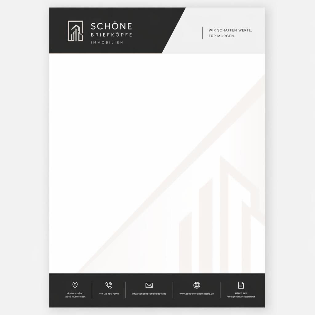 A4-Briefkopf für Immobilien in monochromem Minimalstil mit Kopfzeile, Fußleiste, Logo-Platzhalter und viel Textfläche