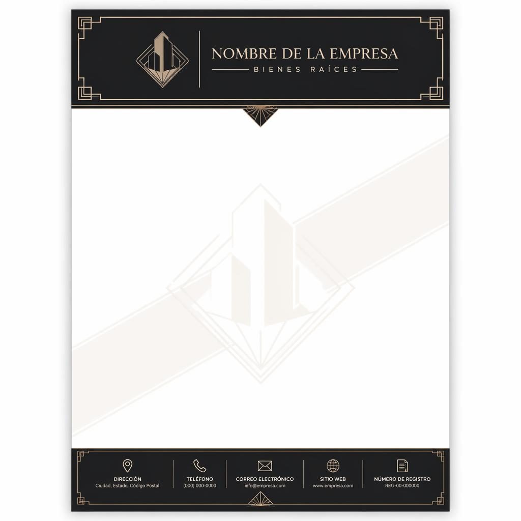 Plantilla de membrete A4 vertical para inmobiliaria, estilo art déco monocromo, con banda superior, pie y marca de agua
