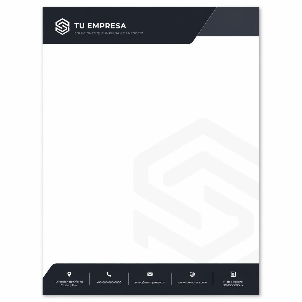 Plantilla de membrete A4 vertical con banda superior, pie informativo, logo de marcador y marca de agua sutil