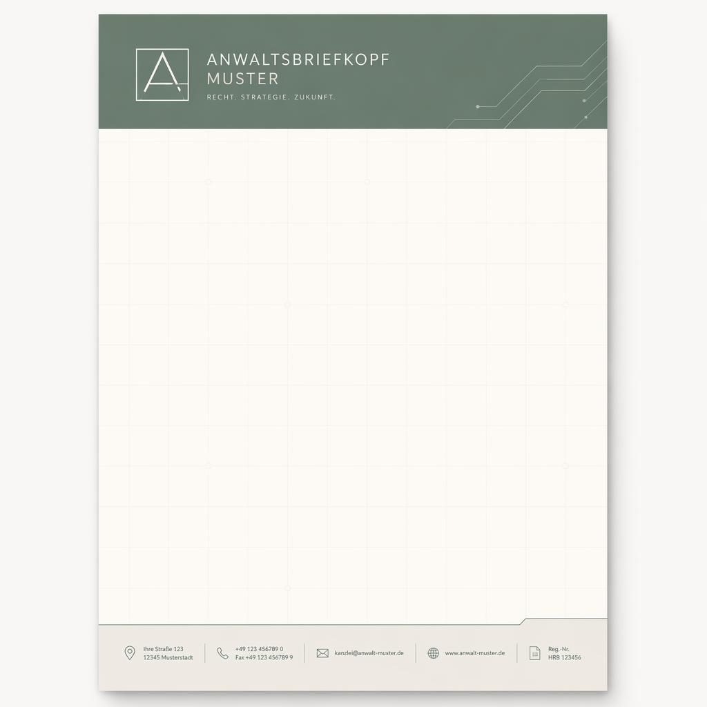 A4-Briefkopfvorlage in Sage und Ivory mit Headerband, Platzhalter-Logo, Footerleiste, Grid-Wasserzeichen und großem Textbereich