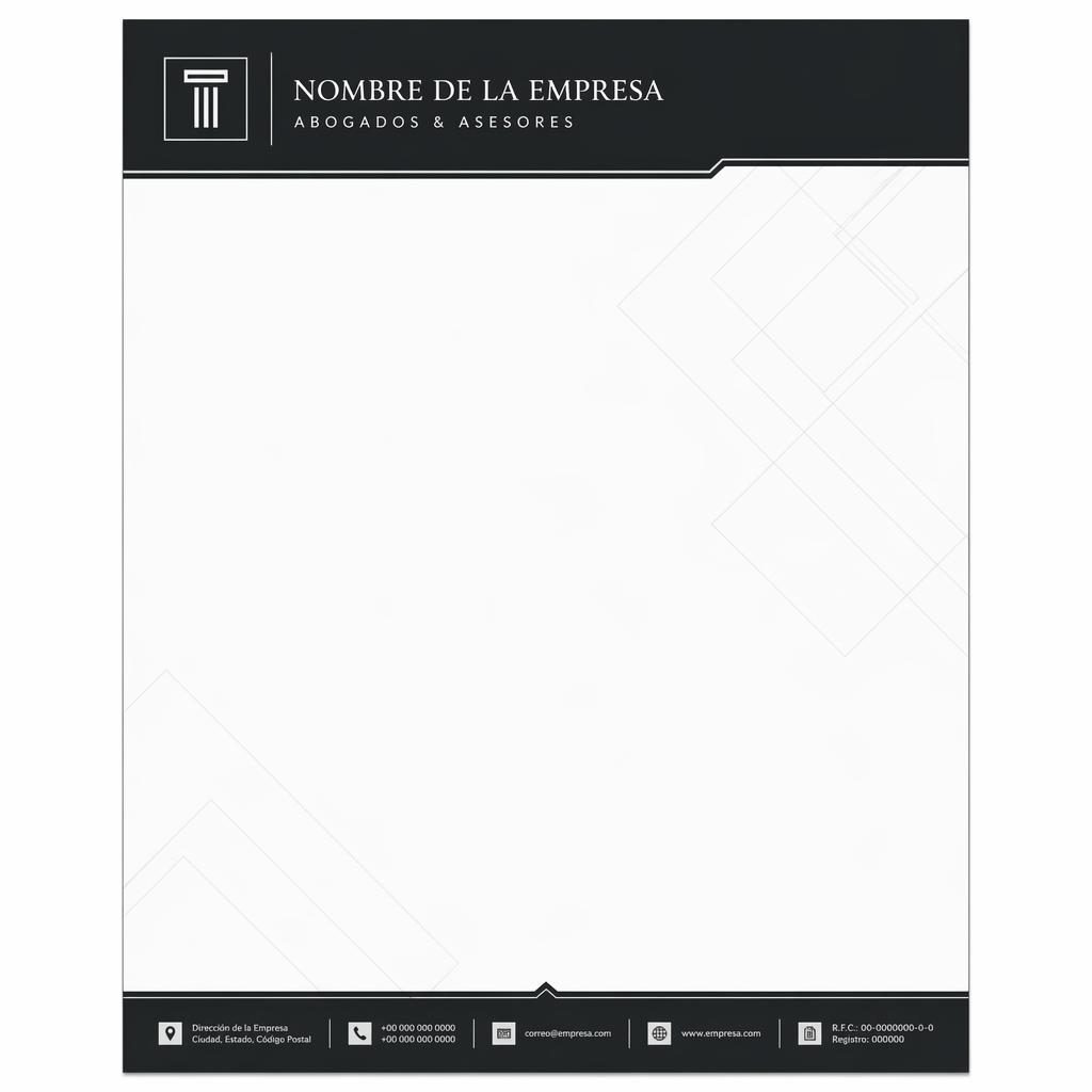 Plantilla de membrete A4 vertical en blanco y negro con banda superior, pie informativo y patrón geométrico sutil.