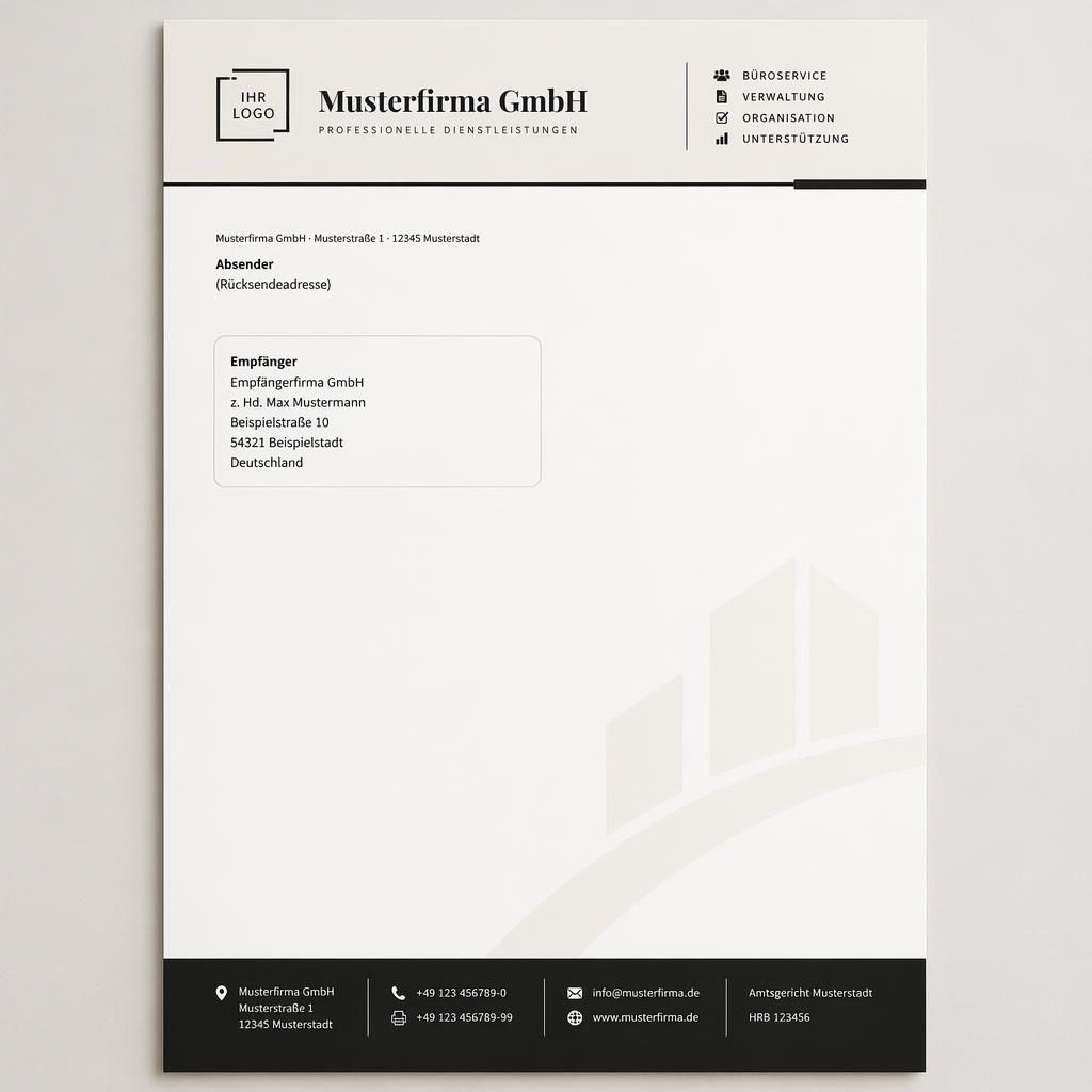 A4-Briefkopf auf warmweißem Papier mit Absender oben, Empfänger im Sichtfensterbereich, Kopfband und Fußzeile.
