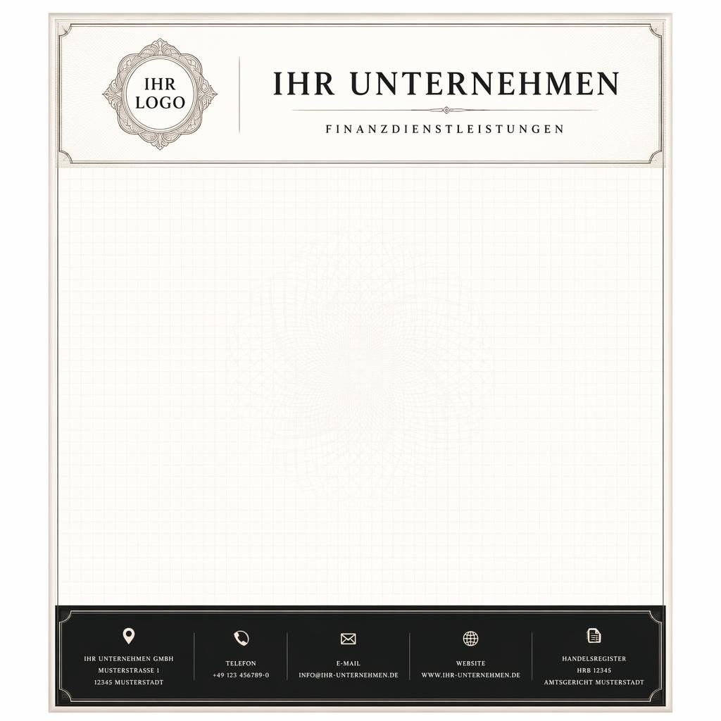 A4-Briefkopf im Finanzstil mit gravierter Optik, schwarzem Kopfband, Fußleiste, Raster-Wasserzeichen und Platzhaltern