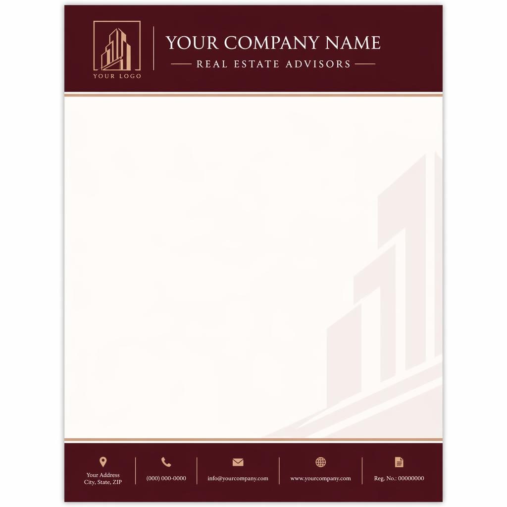 A4 portrait letterhead template with burgundy header, cream background, soft watermark band, and placeholder footer details