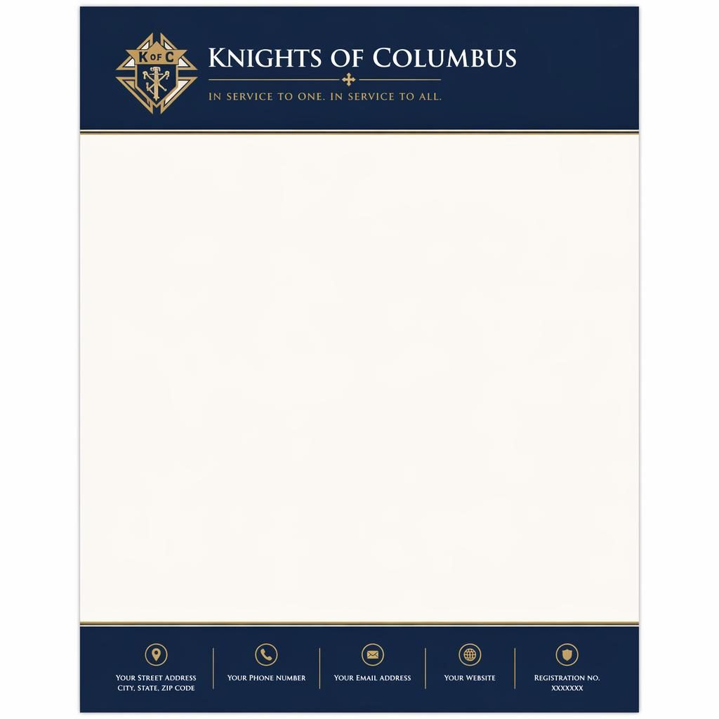 A4 portrait letterhead template with navy header band, cream background, placeholder logo, and footer contact strip