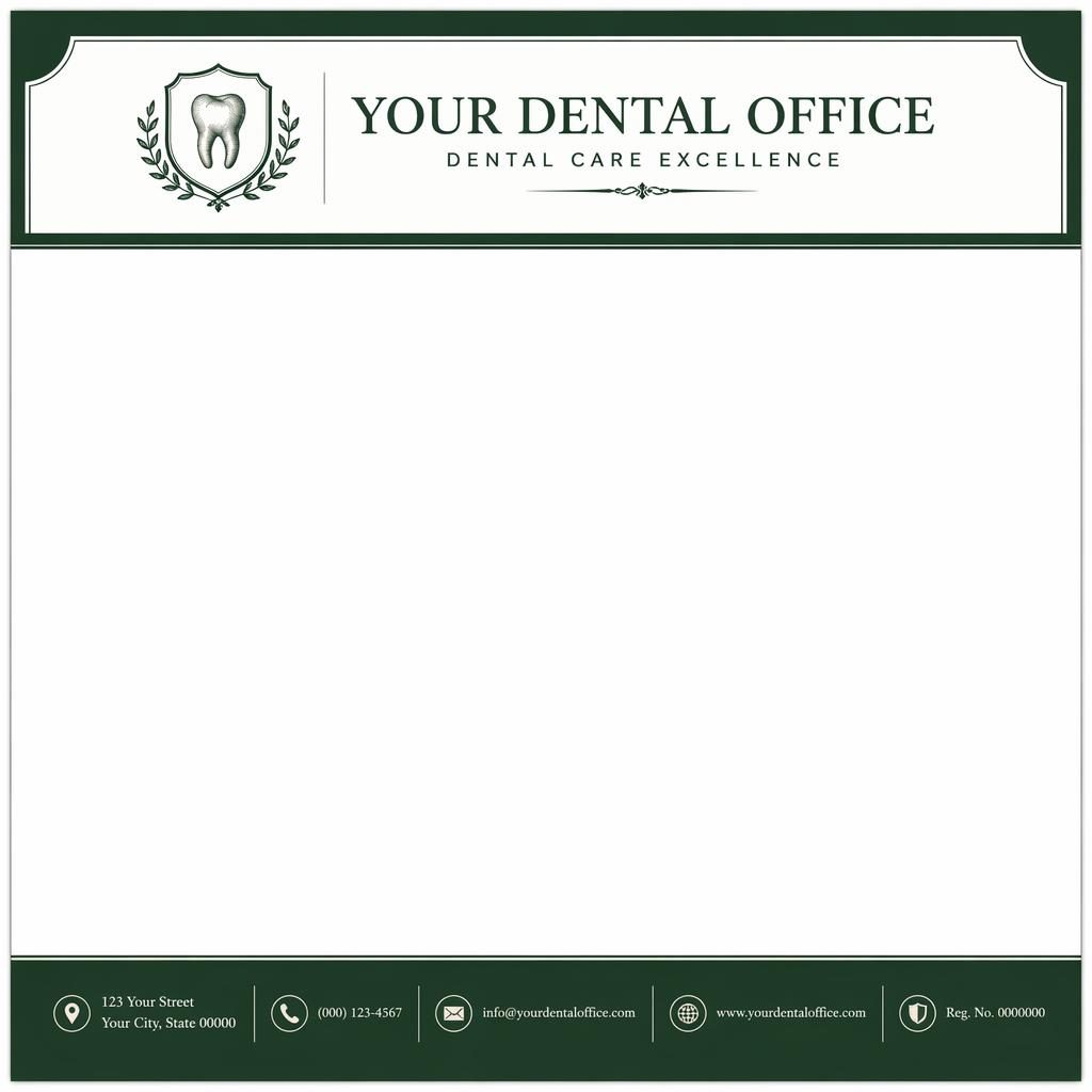 A4 portrait dental office letterhead template with forest green engraved header band, footer strip, and large blank text area