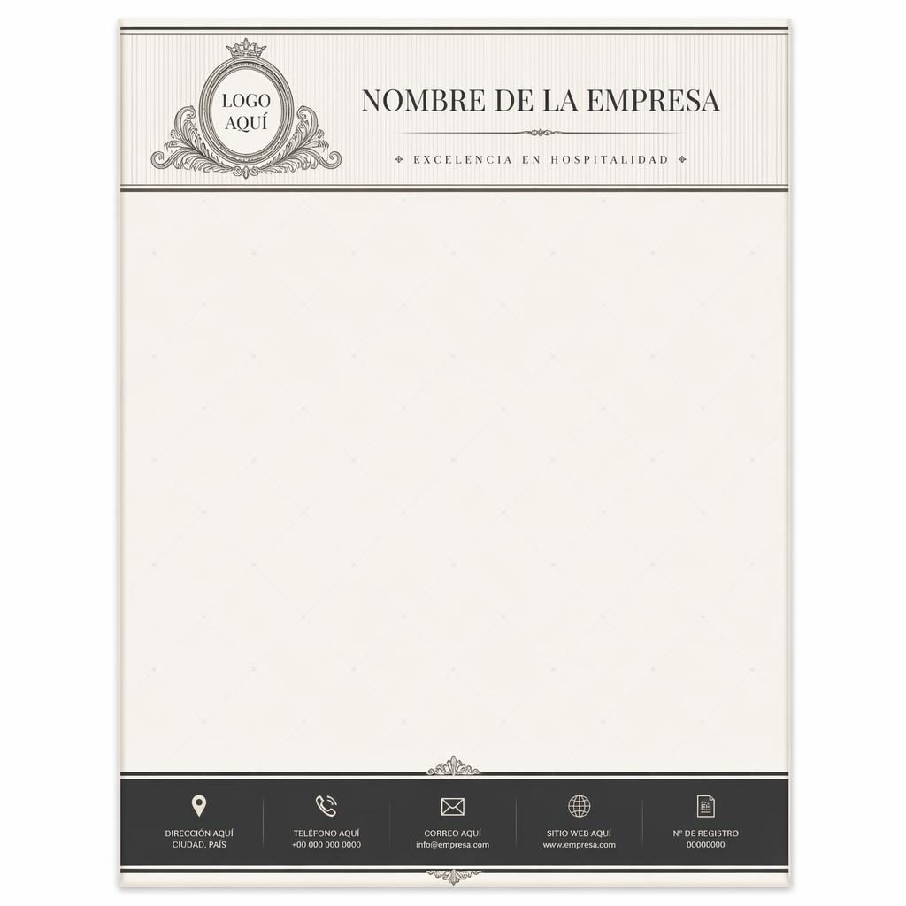 Plantilla de membrete A4 vertical en blanco y negro con banda superior, pie informativo, líneas de rejilla y gran área de texto.
