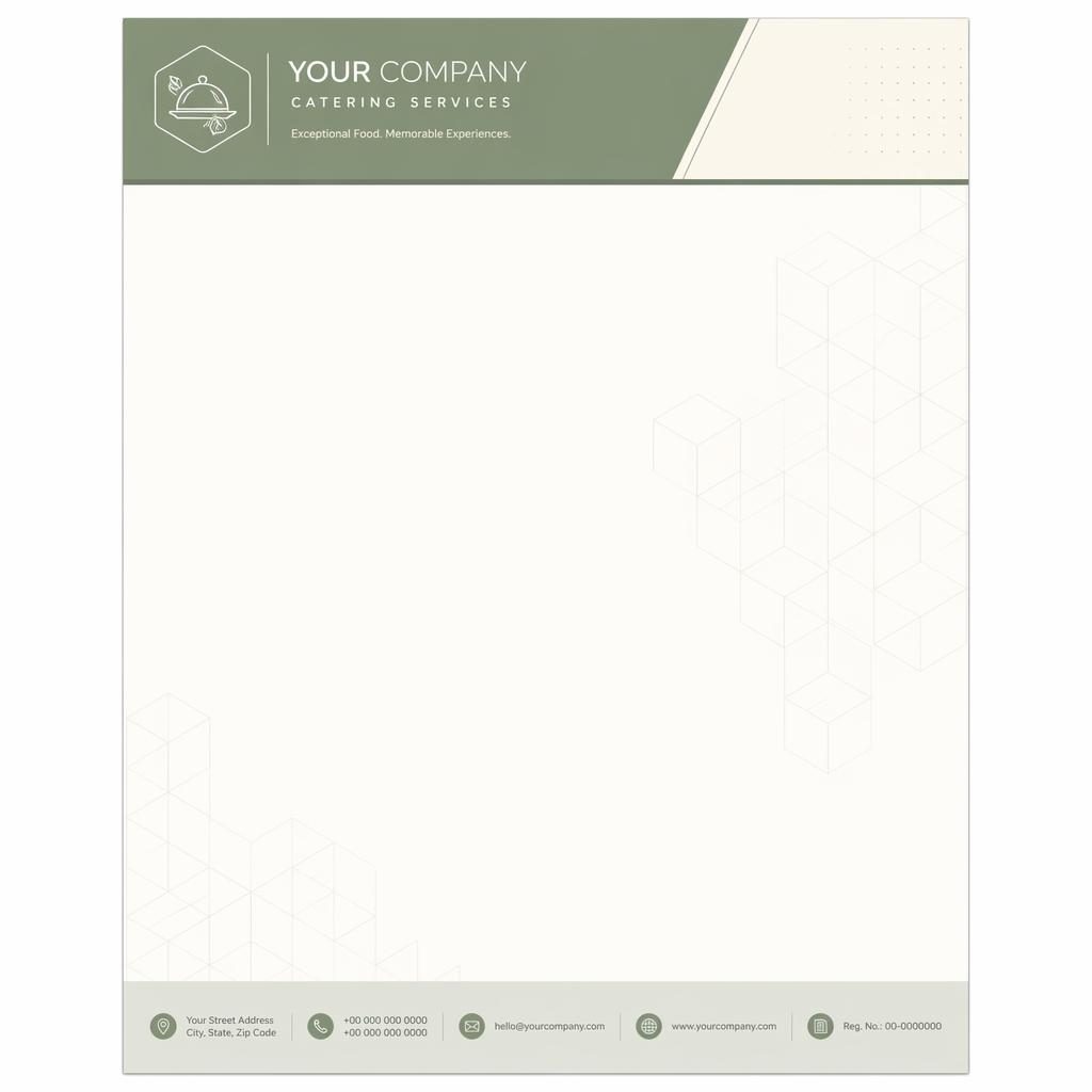 A4 portrait catering services letterhead template with sage header band, ivory body, geometric watermark, and footer contact placeholders
