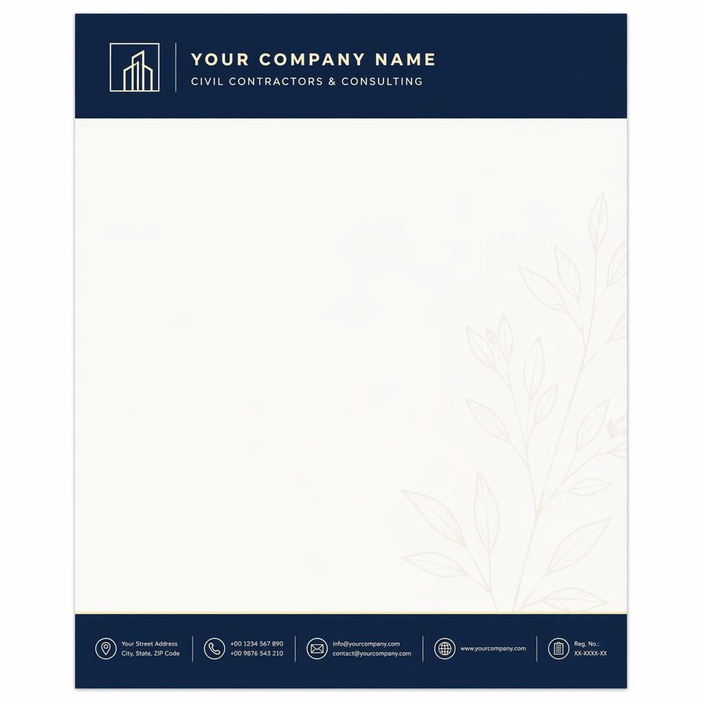 A4 portrait civil contractor letterhead with navy header, cream layout, footer contact placeholders, and botanical watermark