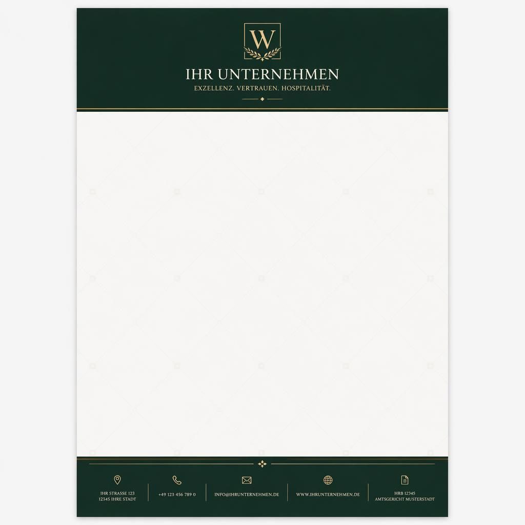 A4-Briefkopf-Vorlage in Waldgrün mit Serifenschrift, Logo-Platzhalter, Headerband, Footerleiste und feinem Raster