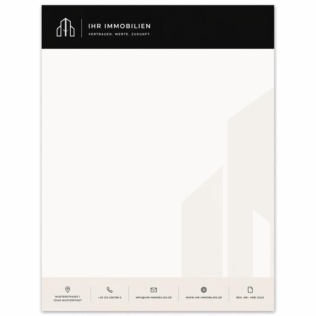 A4-Briefpapier im Swiss Design für Immobilien, schwarz-warmweiß, Kopfzeile, Fußleiste, Logo-Platzhalter und zartes Band