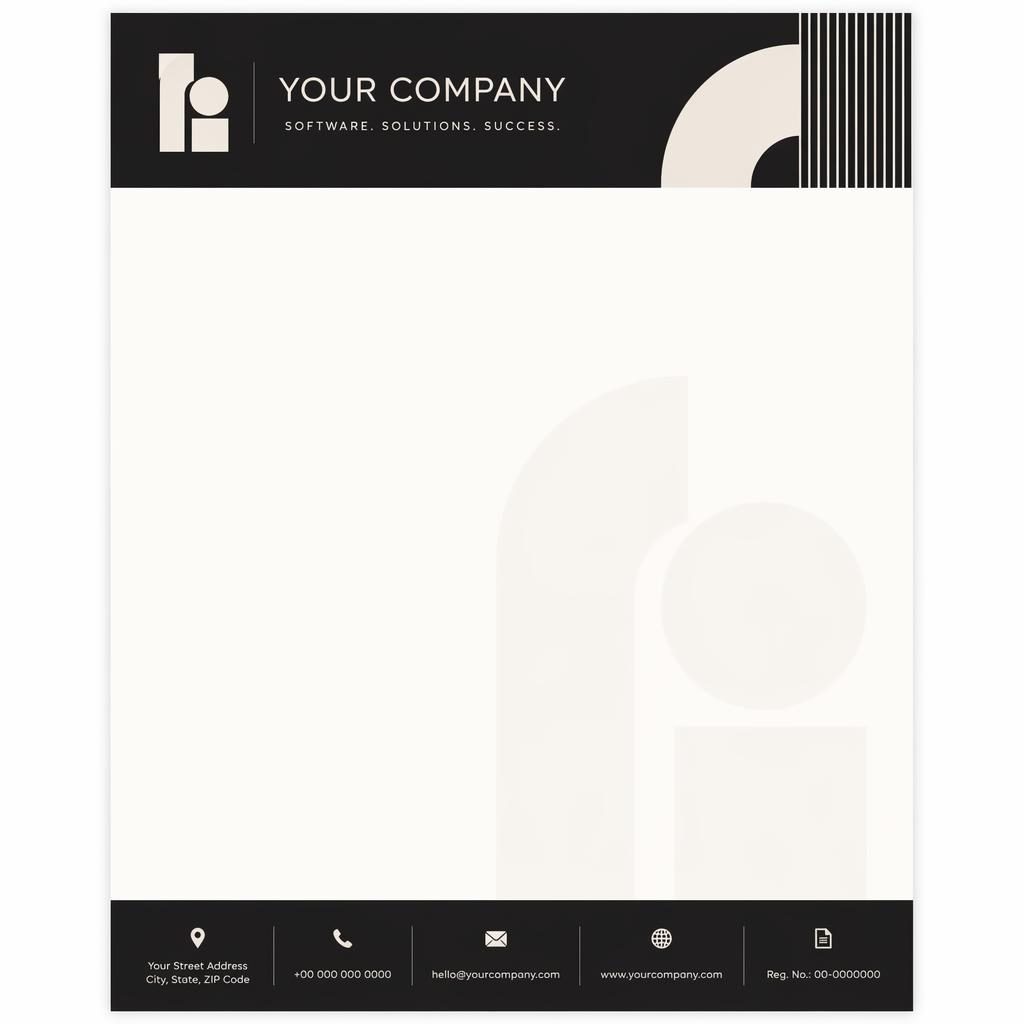 A4 portrait Bauhaus-style tech SaaS letterhead with a black and warm white company header, footer strip, and subtle logo watermark.