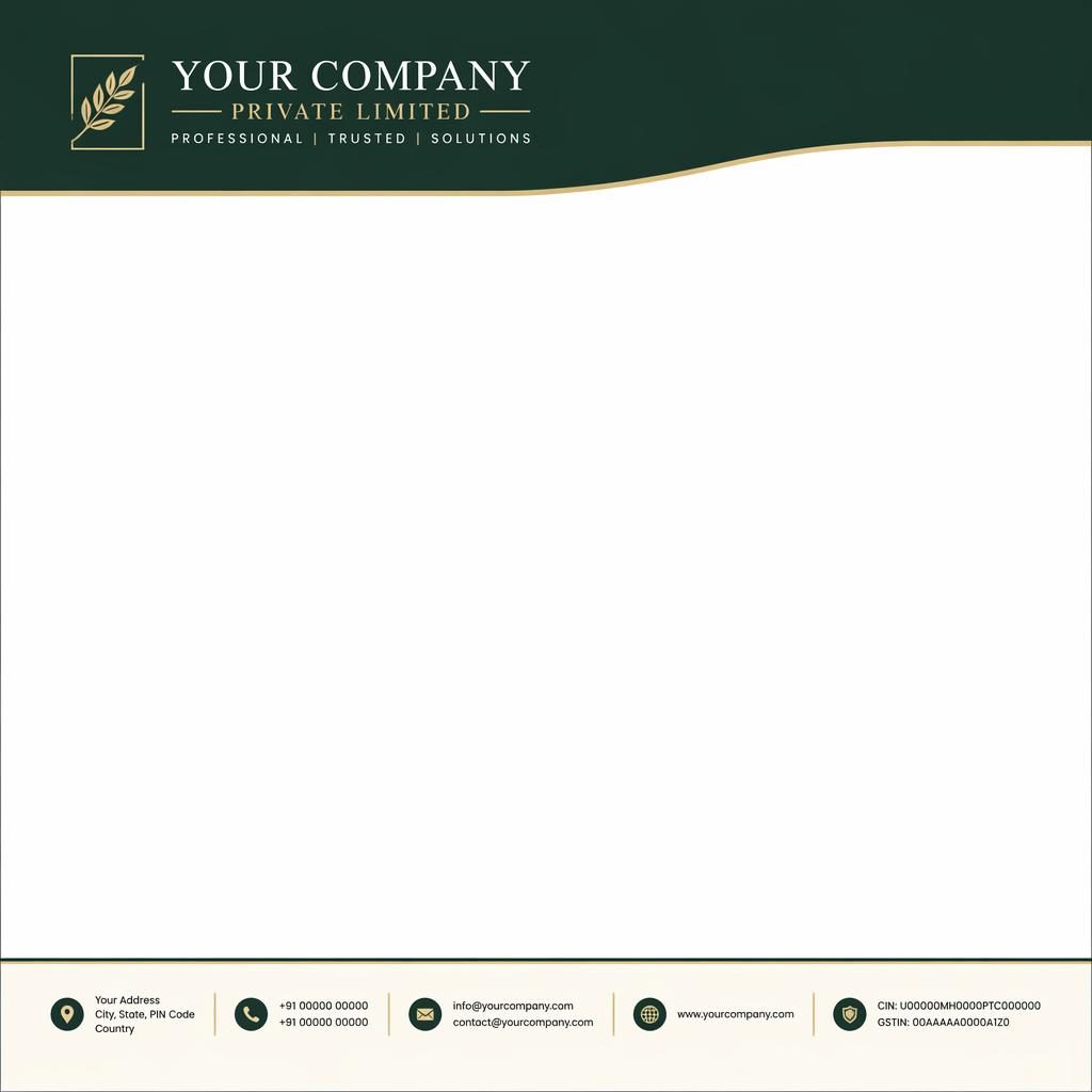 A4 portrait letterhead template with forest green header band, placeholder logo and company name, footer contact strip, wide body area.