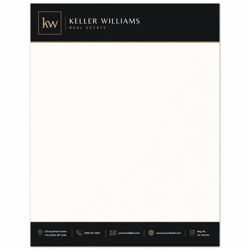 A4 portrait legal letterhead template with black and warm white palette, header band, footer strip, and geometric watermark.