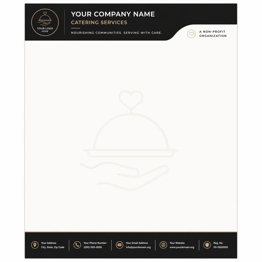 A4 portrait letterhead template in black and warm white with header band, footer strip, subtle watermark, and wide text area
