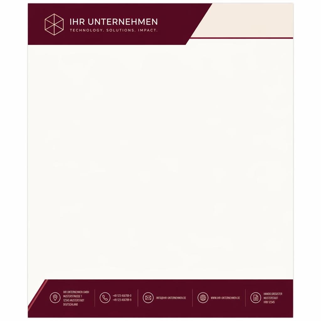 A4-Briefkopf-Vorlage in Bordeaux und Creme mit Kopfband, Platzhalter-Logo, Footer-Leiste und großem Textbereich.