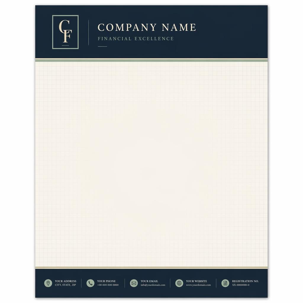 A4 portrait blank navy letterhead with header band, footer strip, serif styling, sage and ivory accents, and grid watermark.