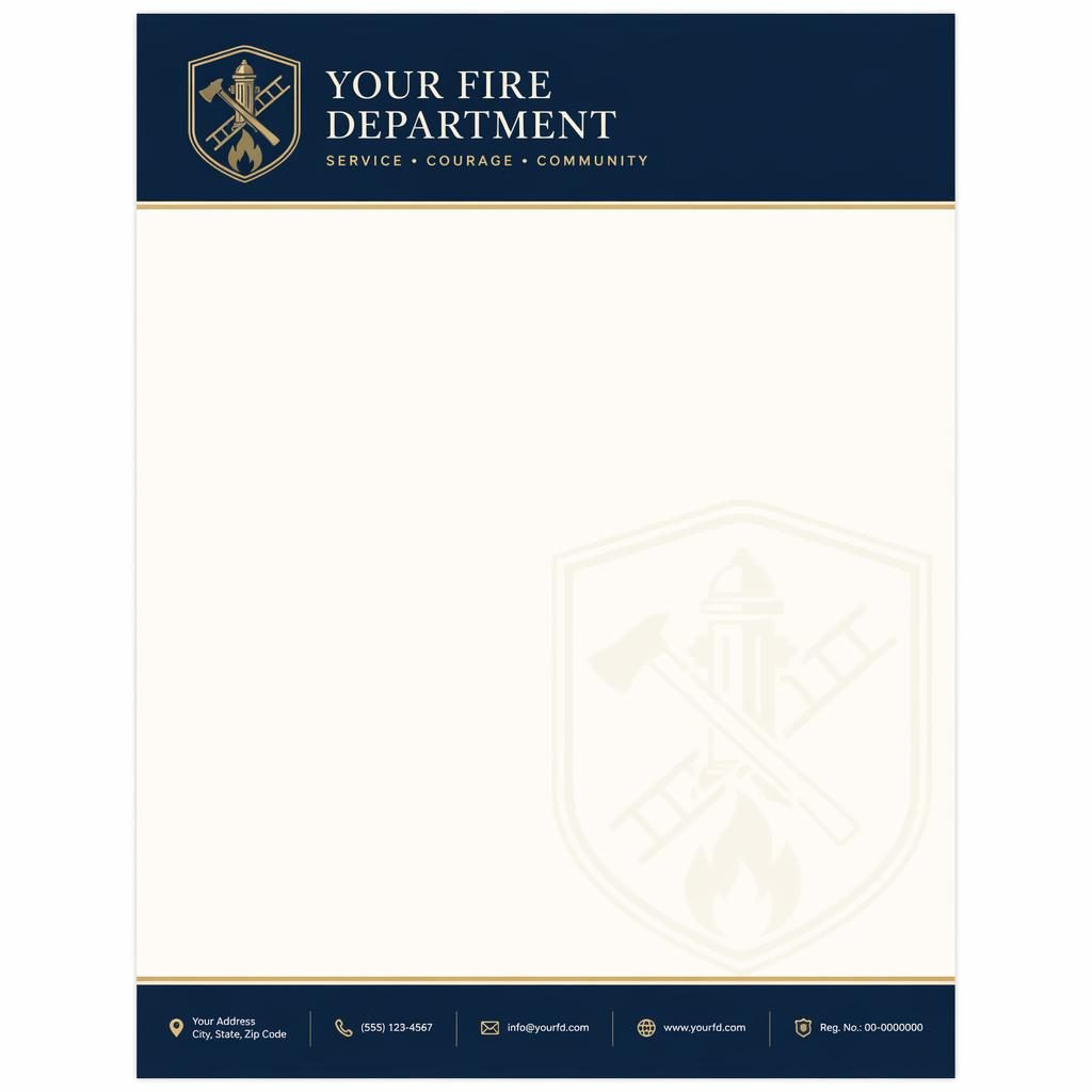 A4 portrait letterhead template with navy header band, cream background, footer strip, subtle logo watermark, and wide body area