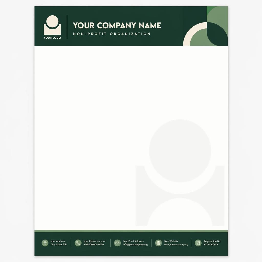 A4 portrait letterhead template with forest green header band, footer strip, subtle logo watermark, and clean placeholder details.