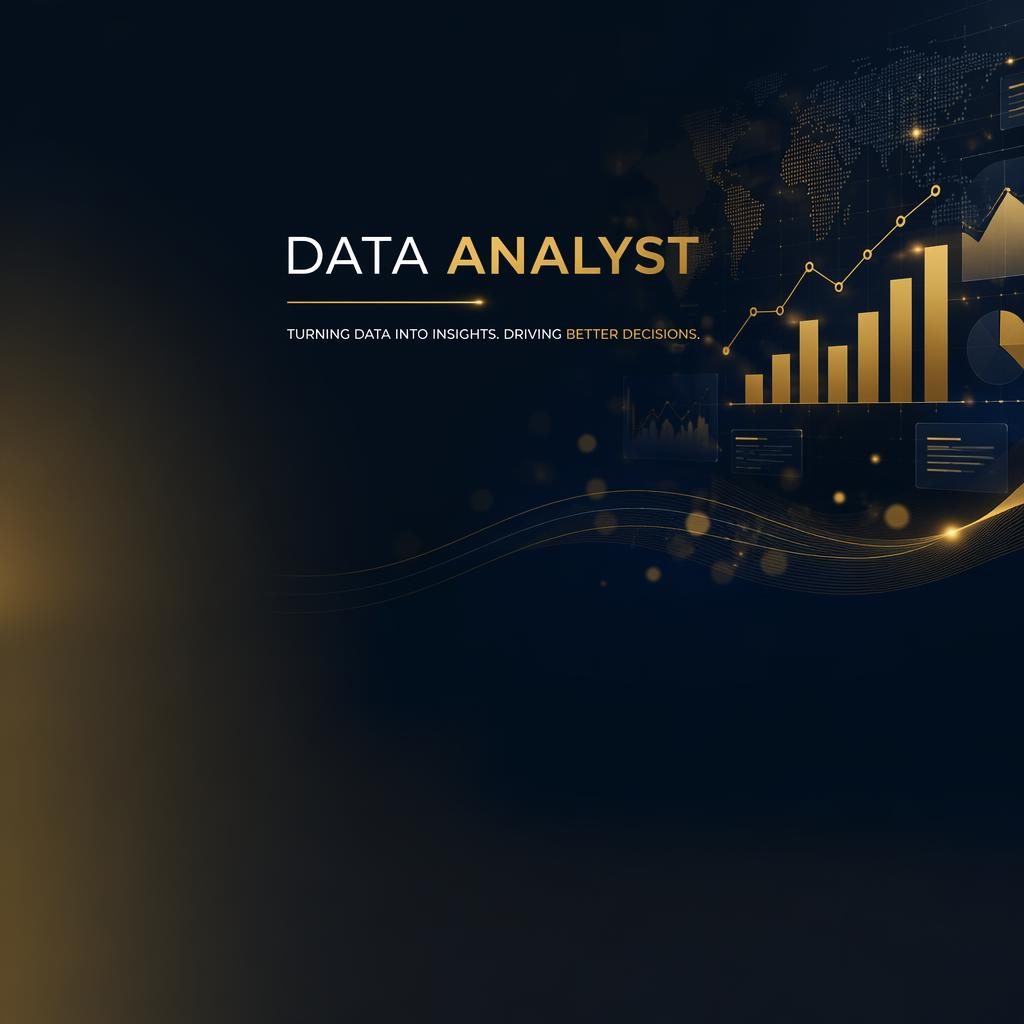 Luxury LinkedIn company cover with black, navy, and gold data visuals, safe-zone tagline, and clear space for profile photo.