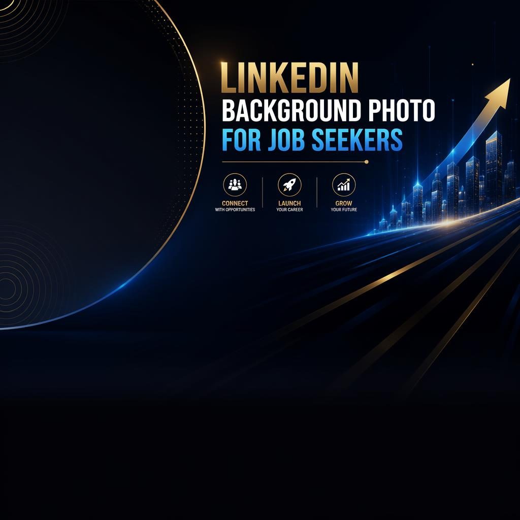 Luxury black and gold LinkedIn cover banner with blue gradient tech accents and safe-zone placeholder tagline on right
