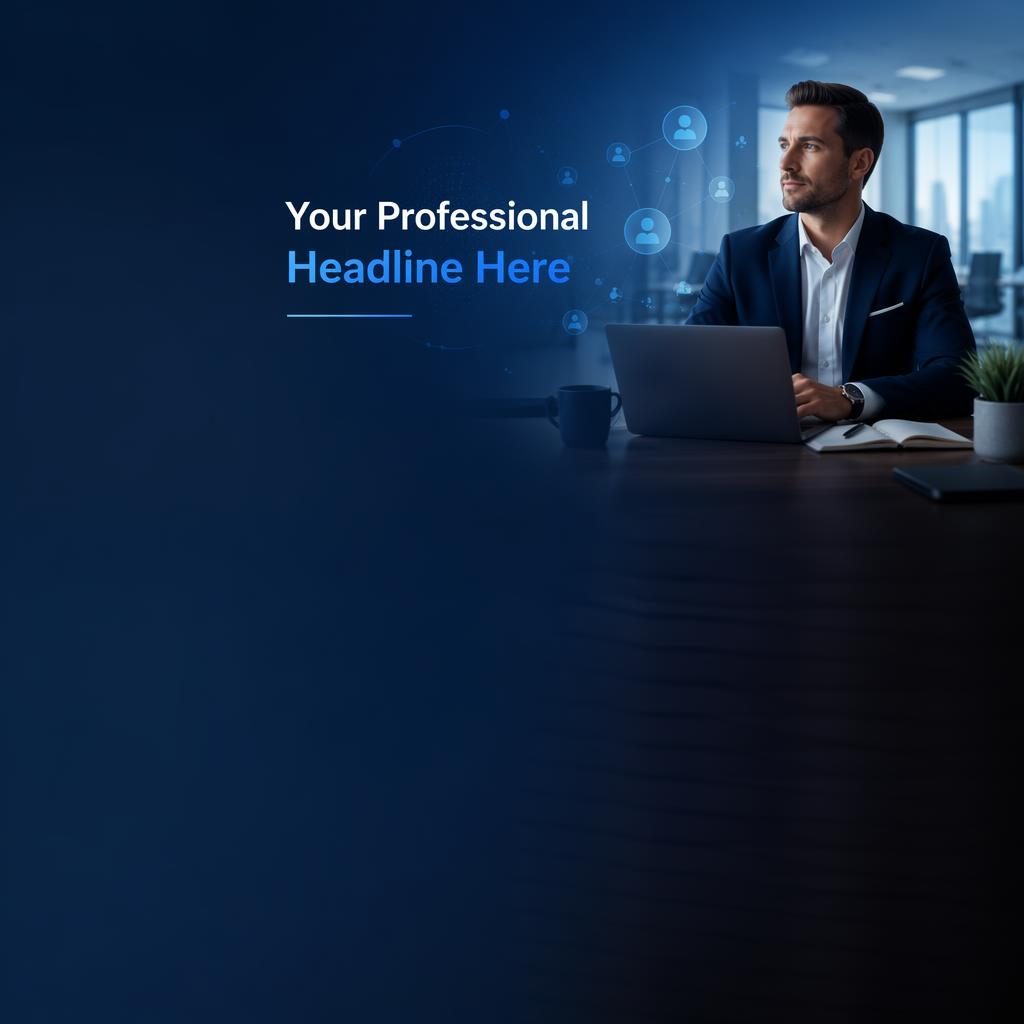 Copertina linkedin con professionista in ufficio moderno, elementi di networking digitale e area sinistra libera per foto profilo