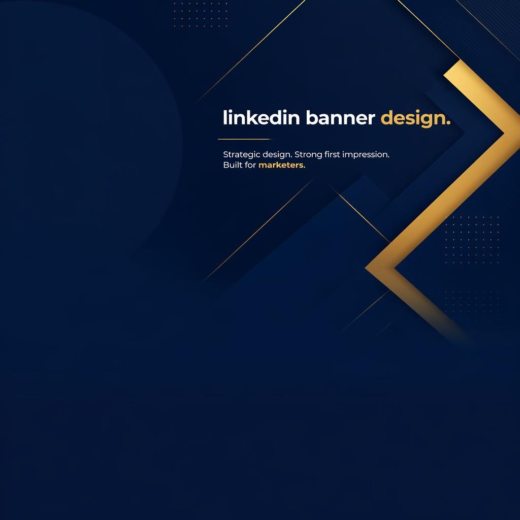Abstraktes LinkedIn-Cover im Format 1584×396 mit geometrischen Formen in Navy und Gold, freier Fläche links unten.