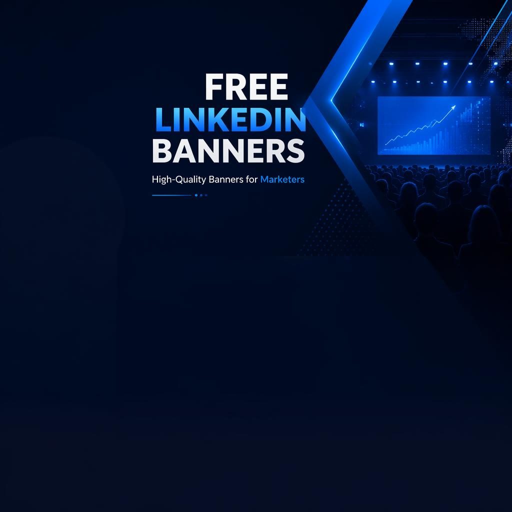 Dark professional LinkedIn cover banner with tech blue gradients, conference-style illustration, and safe-zone tagline placement.