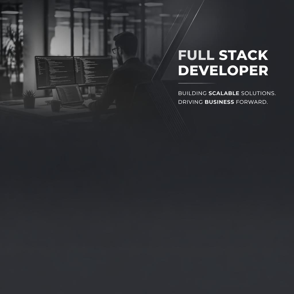 Minimal monochrome LinkedIn cover banner with a photographic tech workspace, subtle overlay, and safe-zone tagline area.