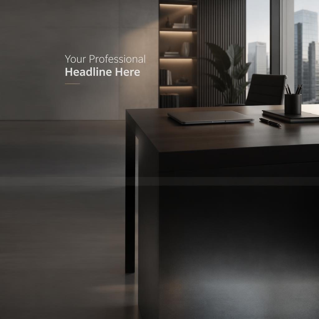 Banner LinkedIn con ufficio corporate monocromatico, scrivania elegante e testo segnaposto in area sicura a destra