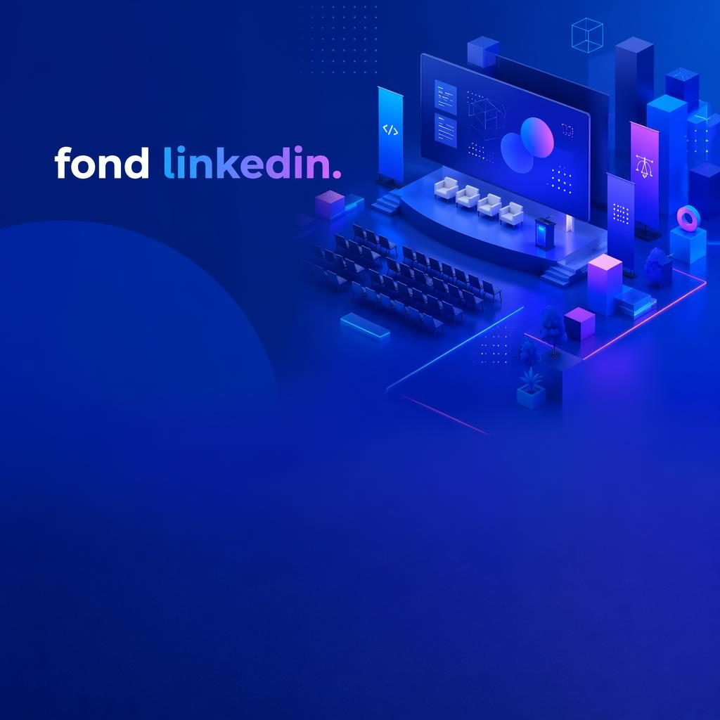 Bannière LinkedIn isométrique 3D bleue en dégradé, style conférence tech, zone gauche dégagée pour photo de profil