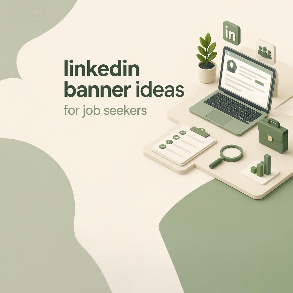 Isometric 3D LinkedIn company page banner in sage and cream with placeholder tagline in safe zone and clear left profile space.