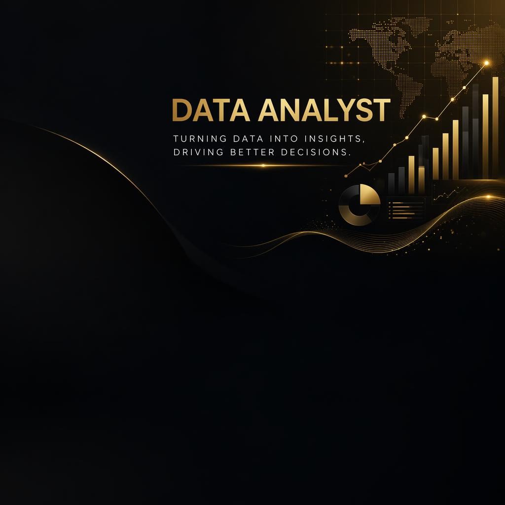 Luxury black and gold LinkedIn cover banner with dark neon data visuals and clean safe-zone typography, left side open.