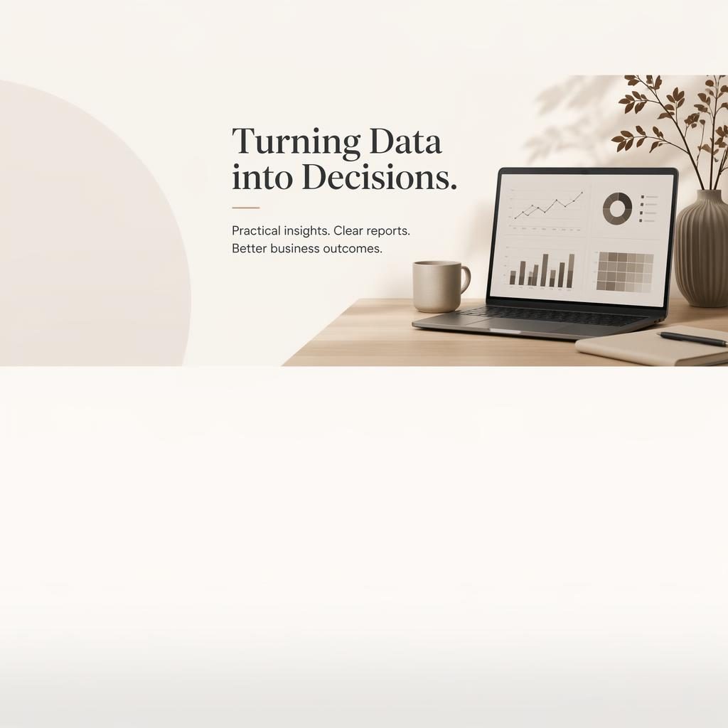 Minimal warm monochrome LinkedIn cover banner with abstract data analytics visuals and safe-zone tagline on the right