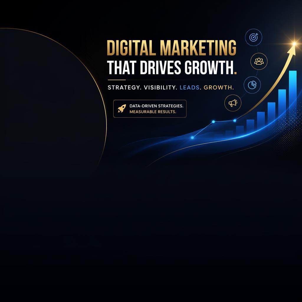 LinkedIn cover banner with luxury black and gold, tech blue gradients, safe-zone tagline, and left space for profile photo.