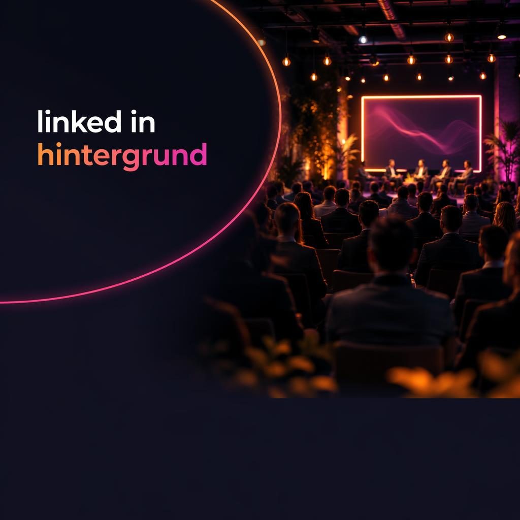 LinkedIn-Banner im warmen Boutique-Stil mit dunkler Neonpalette, Konferenzszene und freier Fläche links fürs Profilbild.