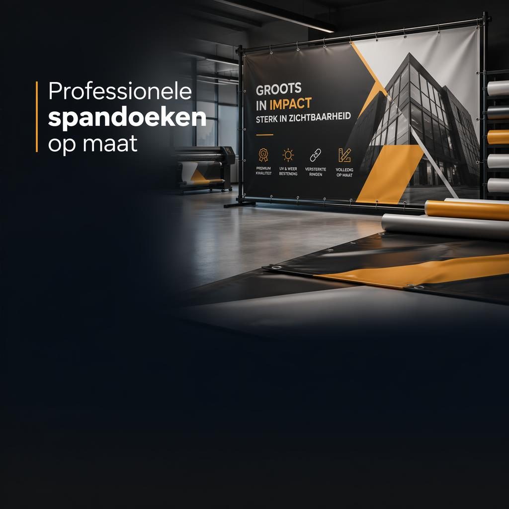 LinkedIn omslag met productie van een vinyl spandoek, oogjes, moderne werkplek en grote geprinte displaybanner.