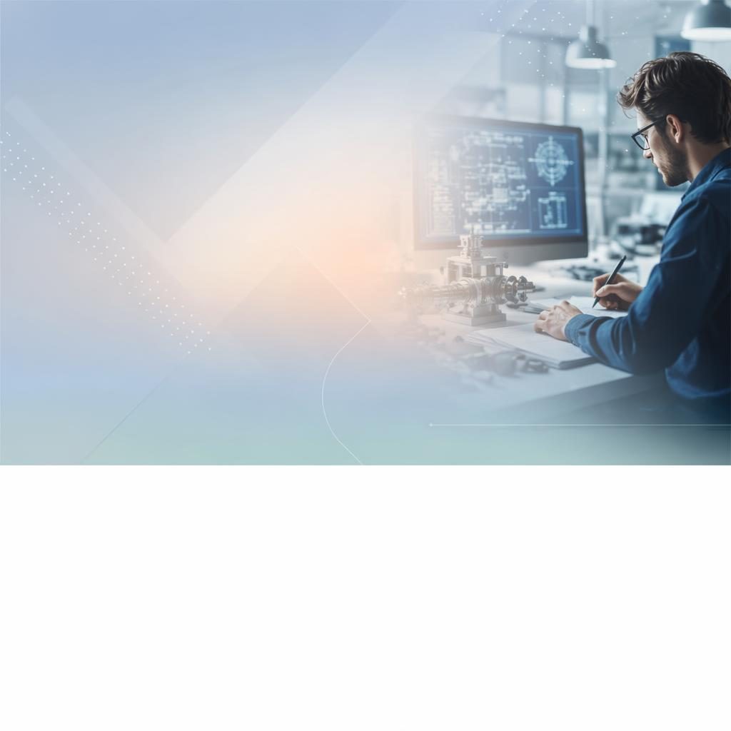 Fotografischer LinkedIn-Coverbanner in Pastelltönen mit Technikszene, Typo im sicheren Bereich und freier Fläche links