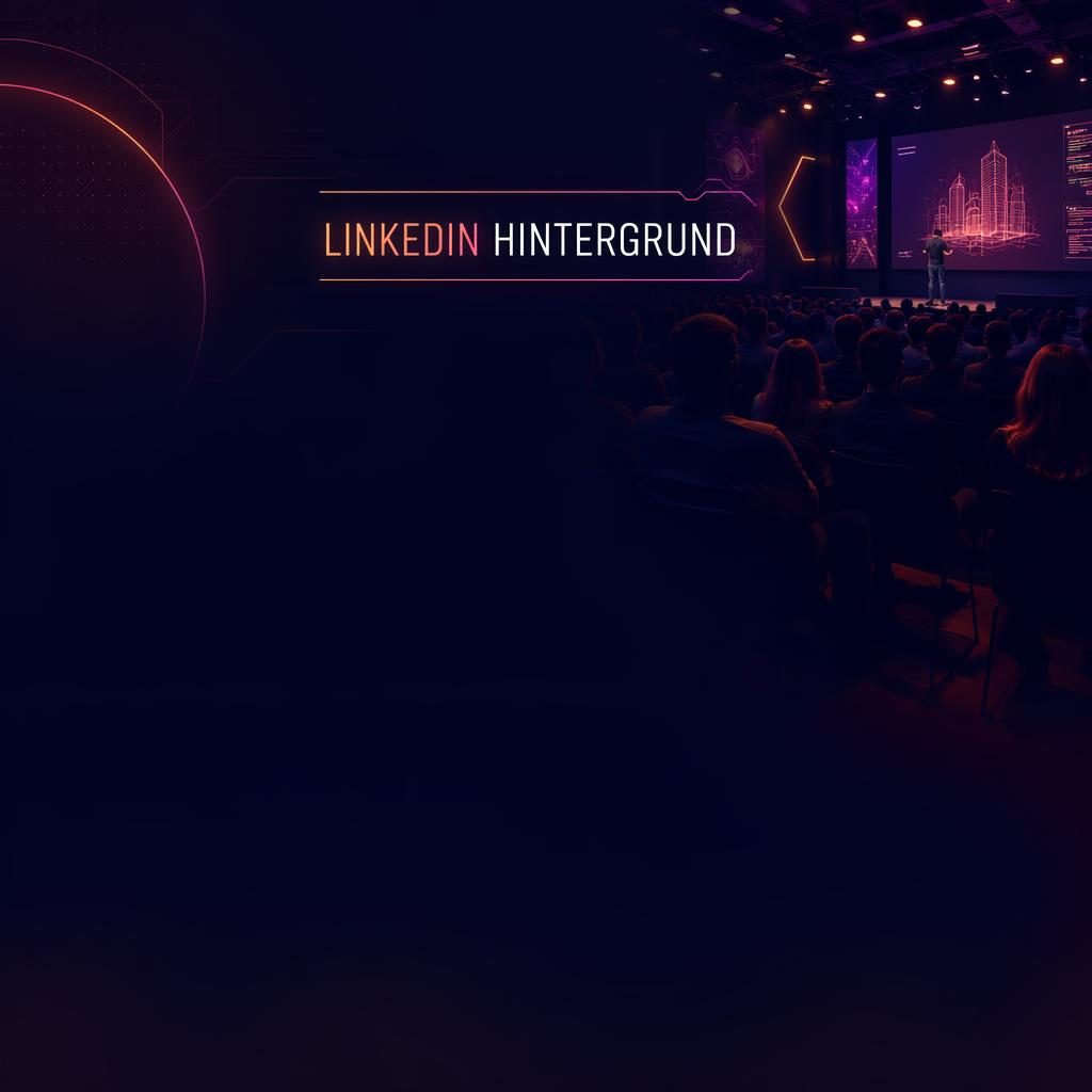 Breites LinkedIn-Cover im dunklen Neon-Look mit warmer Boutique-Atmosphäre, Konferenzszene und freier Fläche links.