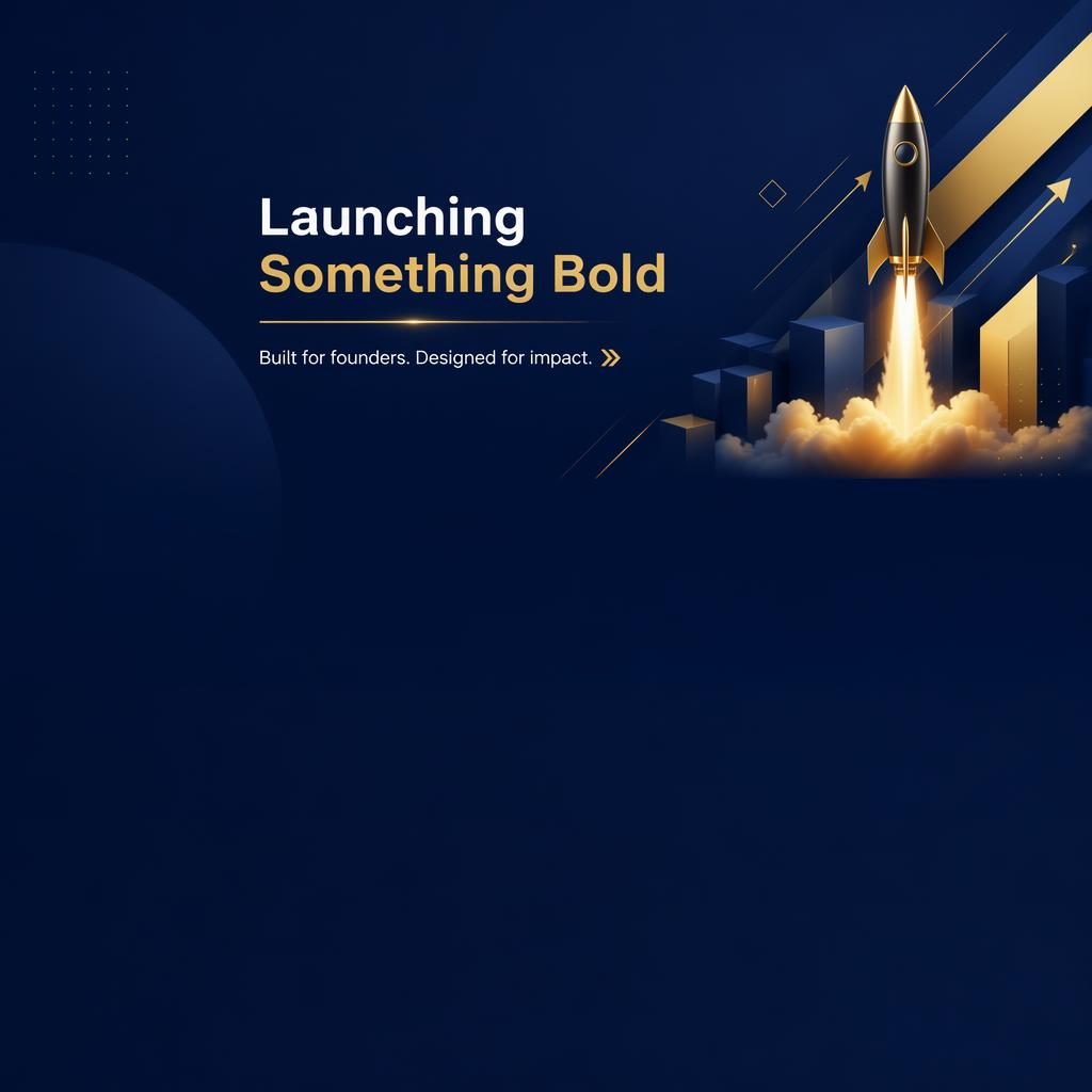Abstract navy and gold geometric LinkedIn cover banner with centered placeholder tagline in safe zone and clear left profile area