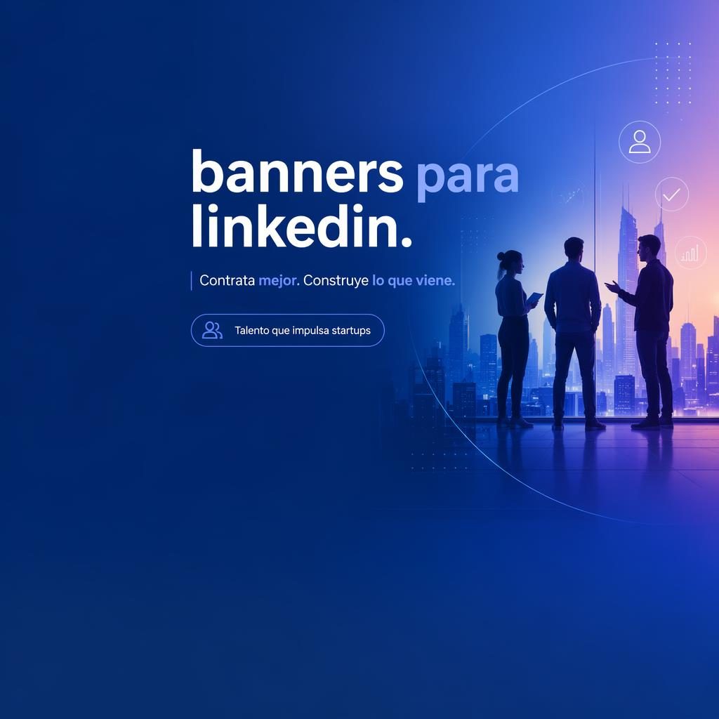 Banner de LinkedIn estilo editorial moderno en azul tech con degradados, espacio izquierdo libre y tipografía placeholder centrada.