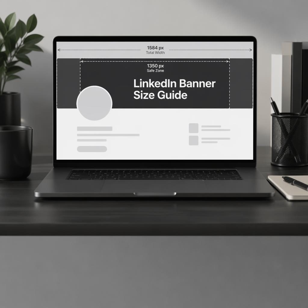 Photorealistic workspace with laptop showing social profile header, crop guides, safe zone, and linkedin banner size proportions.