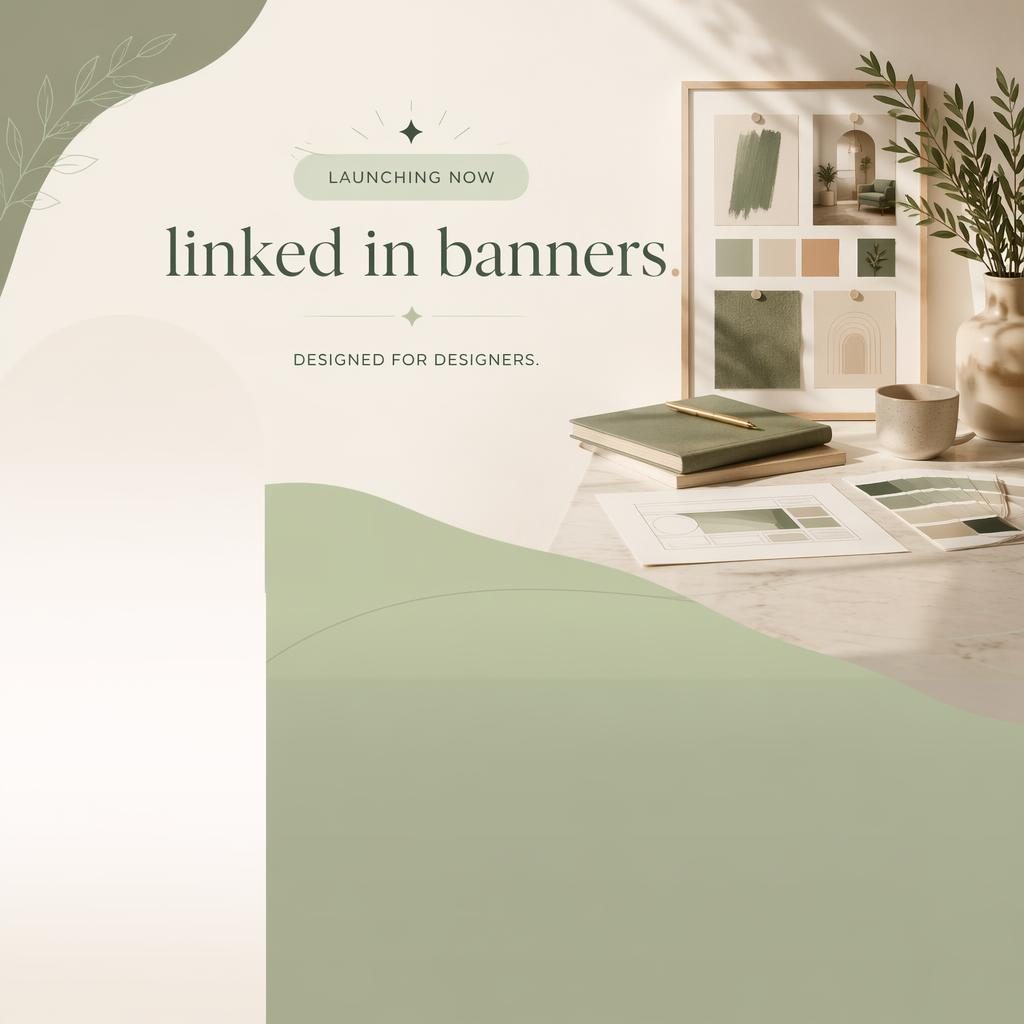 LinkedIn cover banner illustration with warm boutique styling, sage and cream palette, clean centered placeholder tagline, and open left space for profile photo overlap.