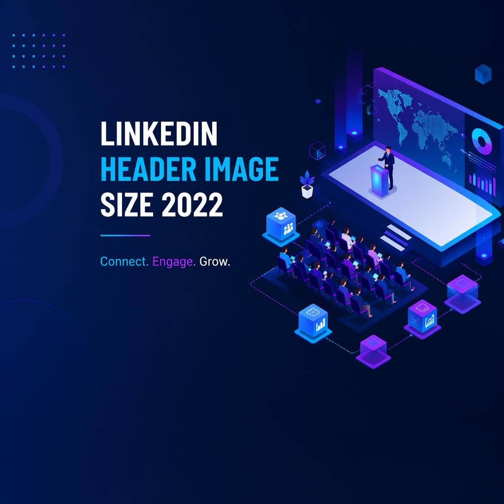 Isometric 3D LinkedIn cover banner with conference-style layout, bold modern colors, safe-zone headline, and clear left space.