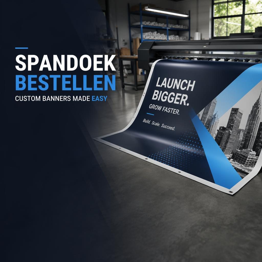 LinkedIn omslag met fotorealistische printstudio, vers promotiespandoek, moderne overlay en vrije ruimte links.