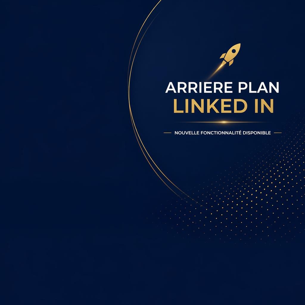 Bannière LinkedIn minimaliste bleu marine et or, zone gauche dégagée, typographie de slogan nette au centre droit.